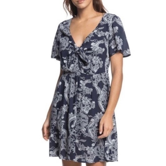 NWT. ROXY Mood Indigo Light Floral Tie-Front Dress - Picture 1 of 5